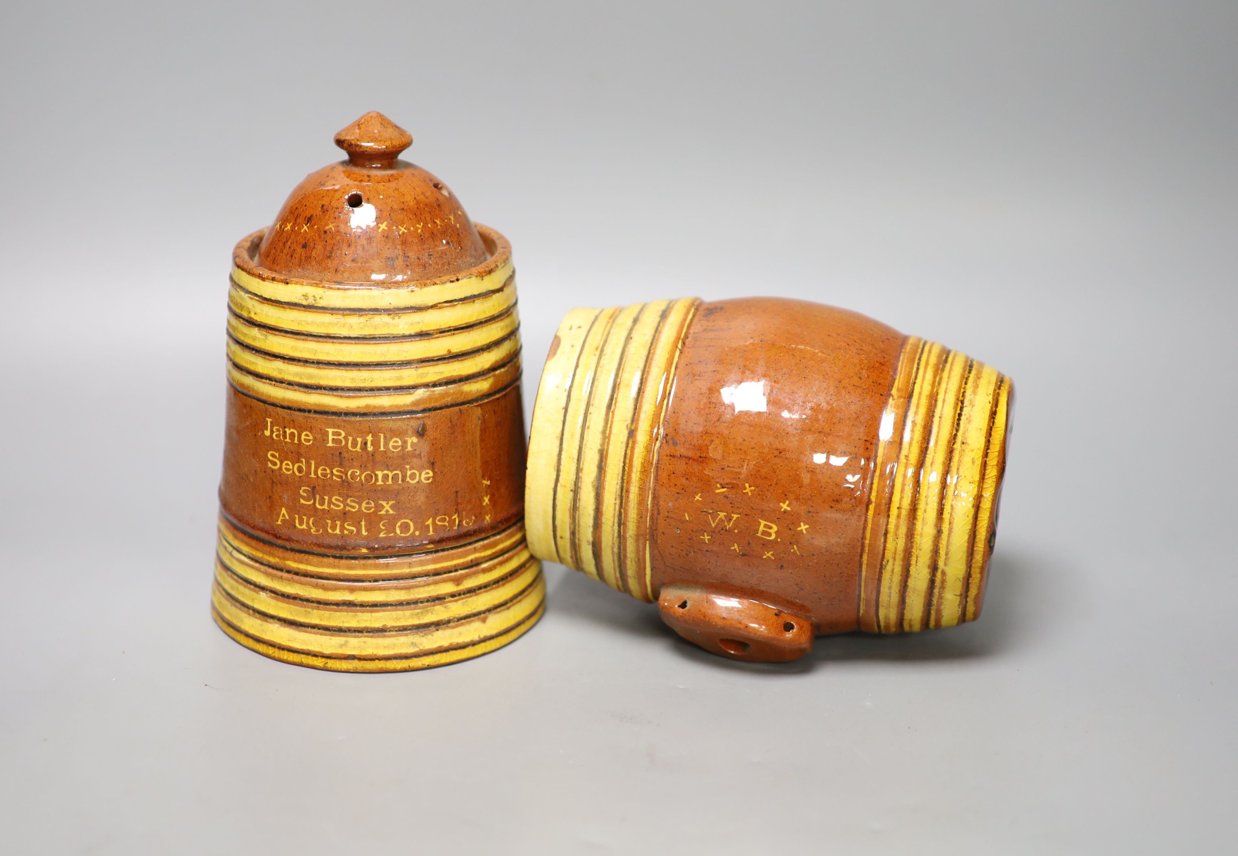 A Dicker pottery jar and cover, marked 'Jane Butler Sedlescombe Sussex August 20 1815' and a similar barrel monogrammed WB1813